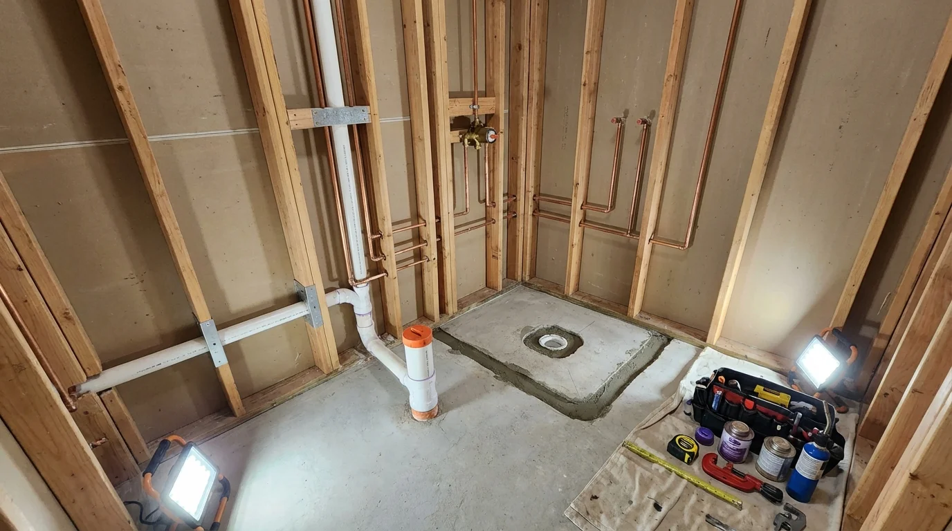 Bathroom rough-in plumbing during remodel by Johns Plumbing LLC in Mountain Ranch
