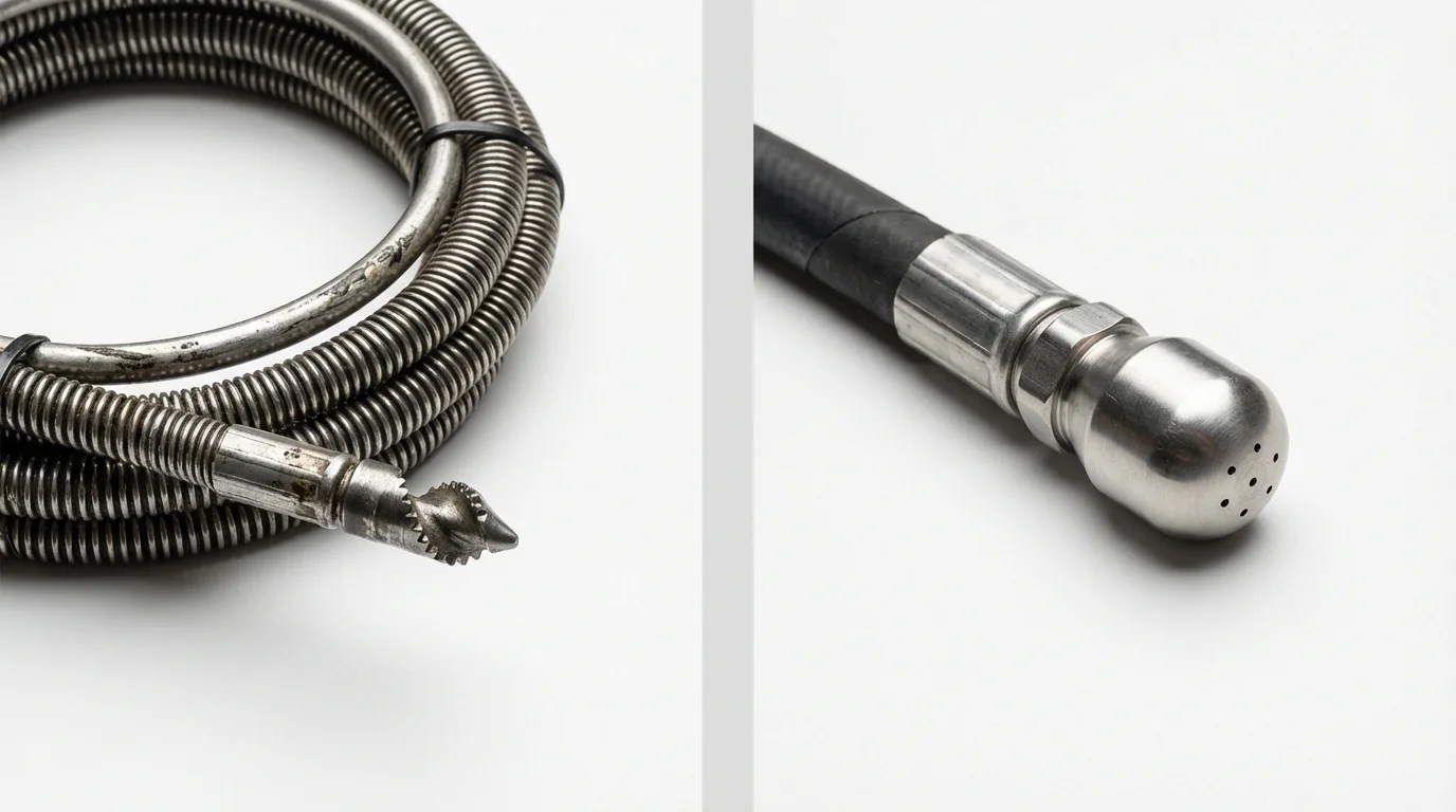 Drain snake cable and hydro jetting nozzle used for drain cleaning in Mountain Ranch, CA
