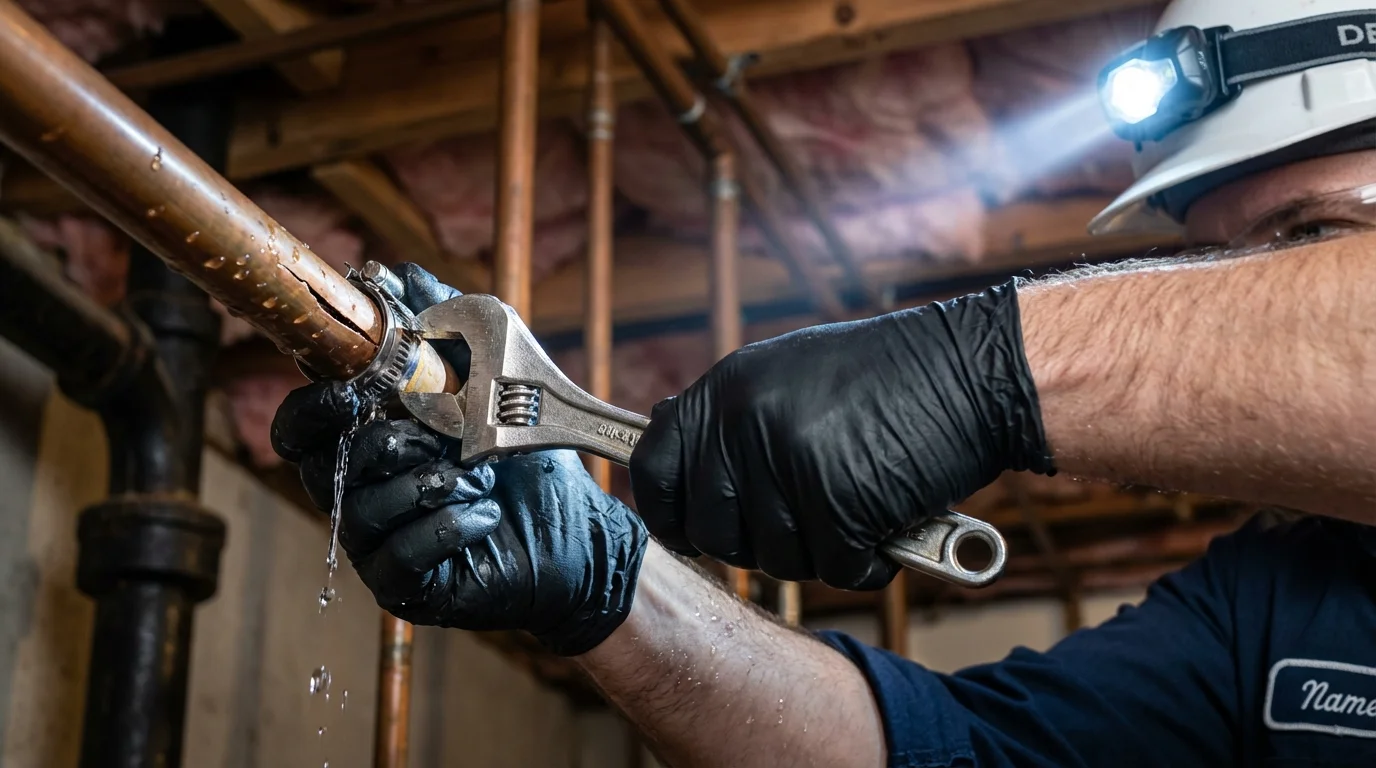 Emergency pipe clamp repair being performed by a Johns Plumbing LLC plumber in Mountain Ranch
