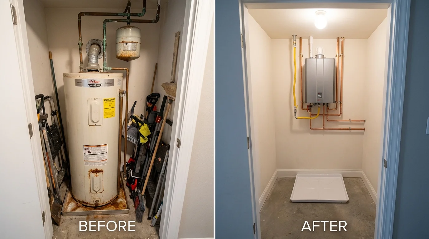 Tank water heater versus wall-mounted tankless unit comparison for Mountain Ranch, CA homeowners