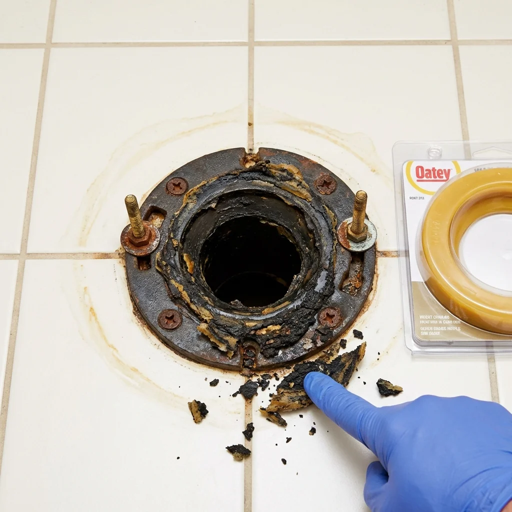 Failed wax ring showing water seepage at the base of a toilet in a Mountain Ranch, CA home