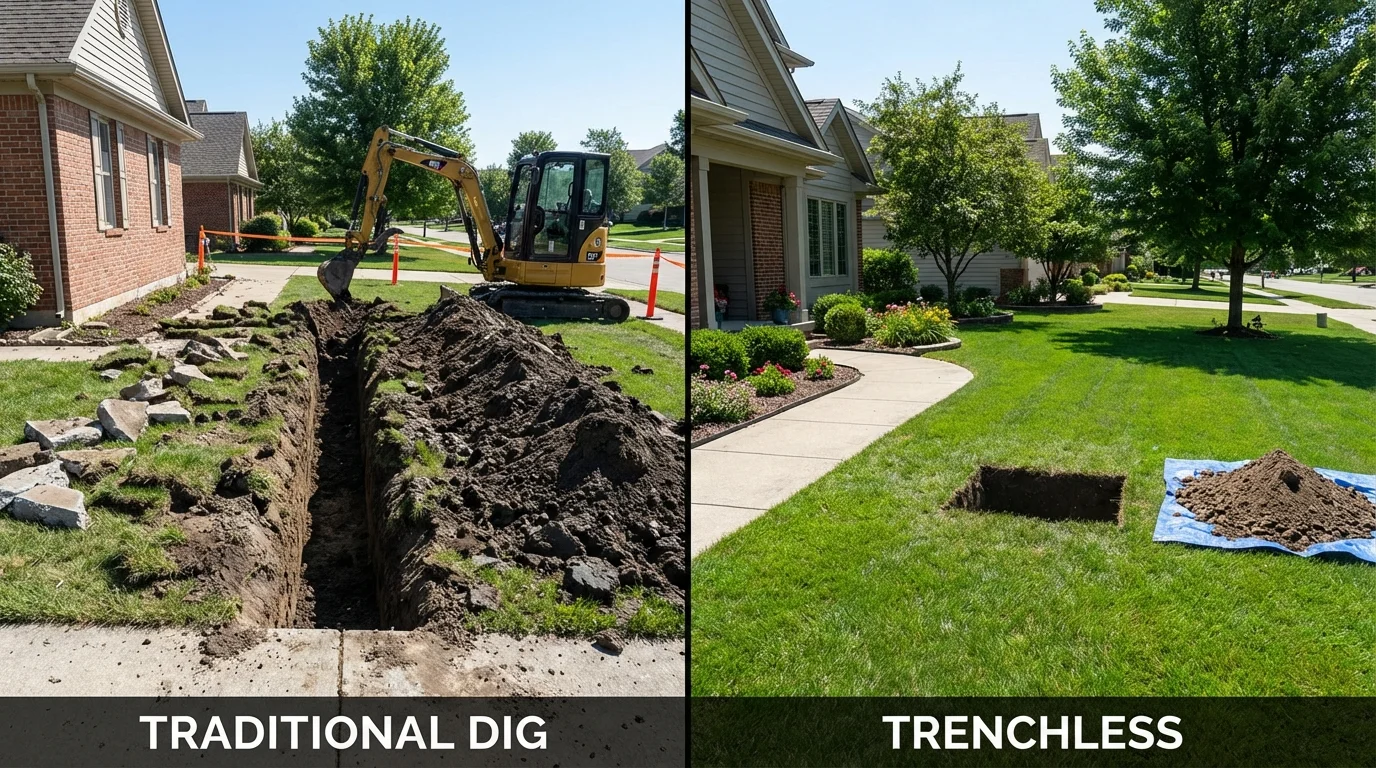 Trenchless sewer repair with minimal yard damage versus traditional excavation in Mountain Ranch, CA