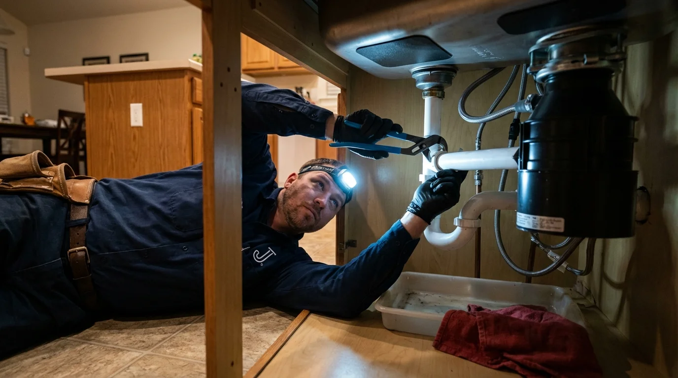 P-trap and supply line connections under a kitchen sink showing a common leak point in Mountain Ranch, CA